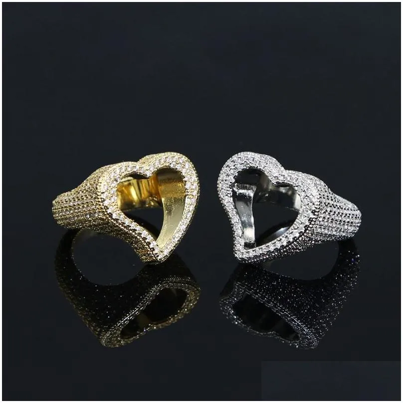 Band Rings Big Heart Ring Fl Micro Paved Iced Out Bling Cubic Zirconia Hiphop Lover Rings Luxury Punk Jewelry For Men And Drop Deliver Dhcnt