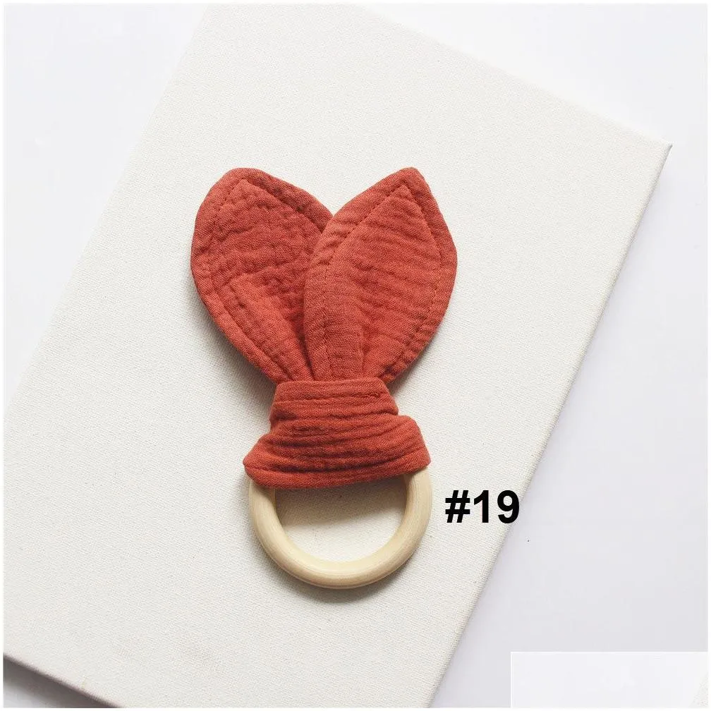 Bibs & Burp Cloths 29 Colors Bunny Ear Teether Fabric Wooden Teething Ring With Crinkle Material Shower Gift Drop Delivery Baby, Kids Dh2Rn