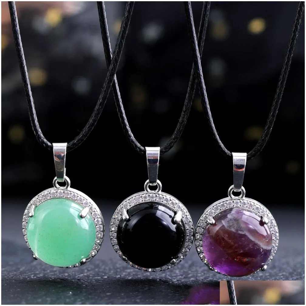 round zircon natural stone pendant for women rose quartz amethyst tiger eye charms for jewelry making necklaces wholesale