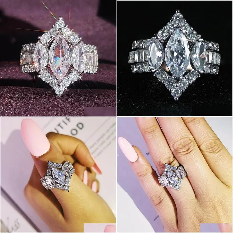 2023 Choucong Brand Wedding Rings Jewelry Sterling Sier Marquise Cut White Topaz CZ Diamond Eternity Women Engagement Band Ring for