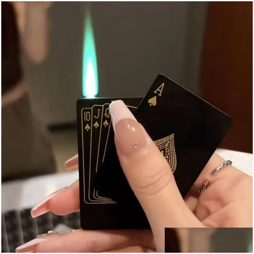 Lighters Creative  Torch Green Flame Poker Lighter Metal Windproof Playing Card Novel Funny Toy Smoking Accessories Gift Drop Deliv Dhqio