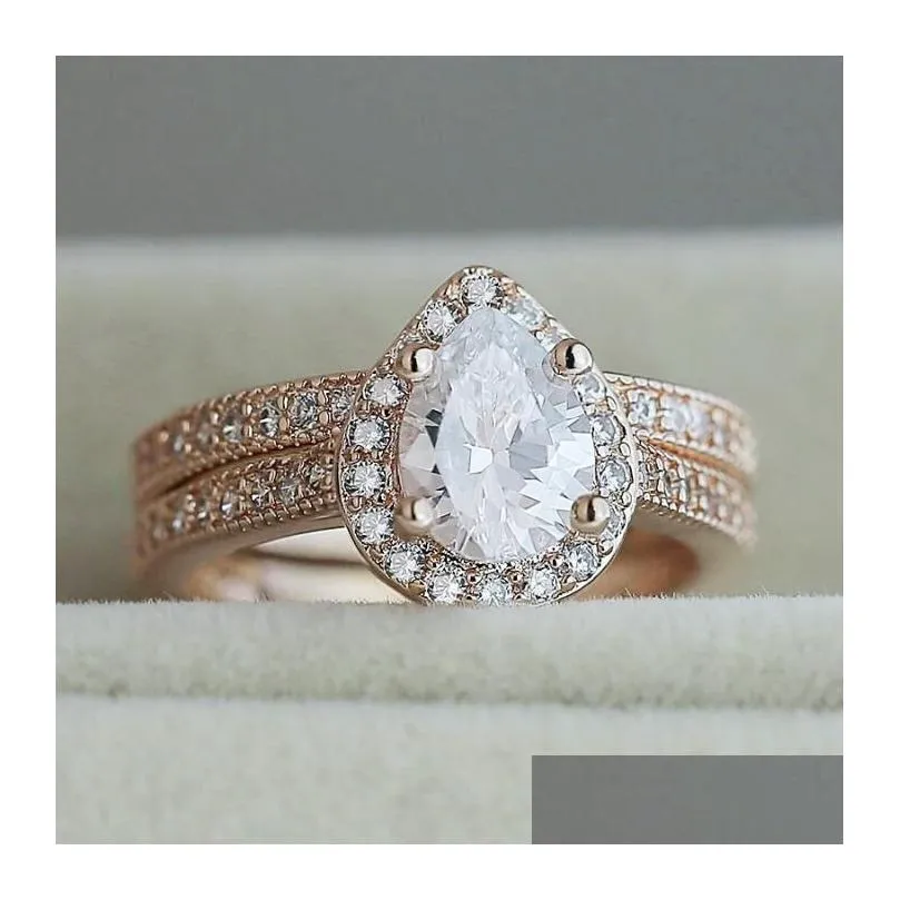 Choucong Brand Wedding Rings Classical Jewelry Sterling Sier Rose Gold Fill Pear Cut Water Drop White Topaz CZ Diamond Women Bridal