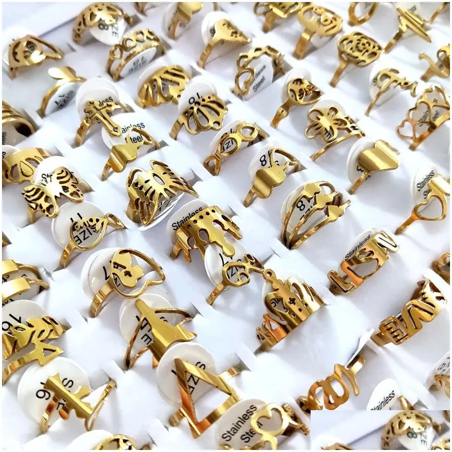 100pcs/lot laser cutting rings for women styles mix gold stainless steel charm ring girls birthday party favor female beautiful jewelry wholeale