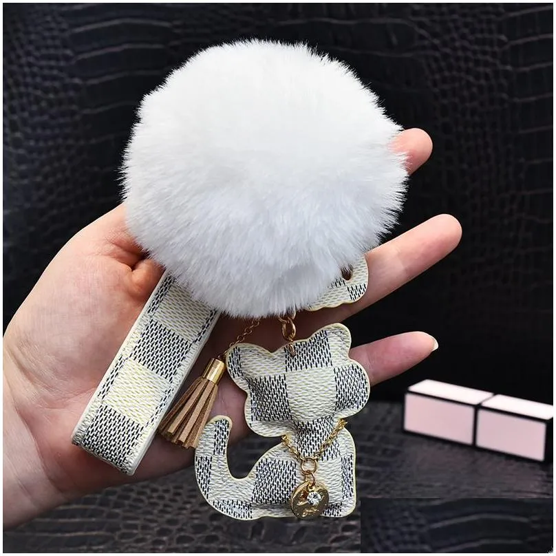Cat Bear Pompom Key Chain Accessories Fashion Rhinestone Key Ring PU Leather Teddy Car Keychain Buckle Jewelry Bag Charm Animal Keyring
