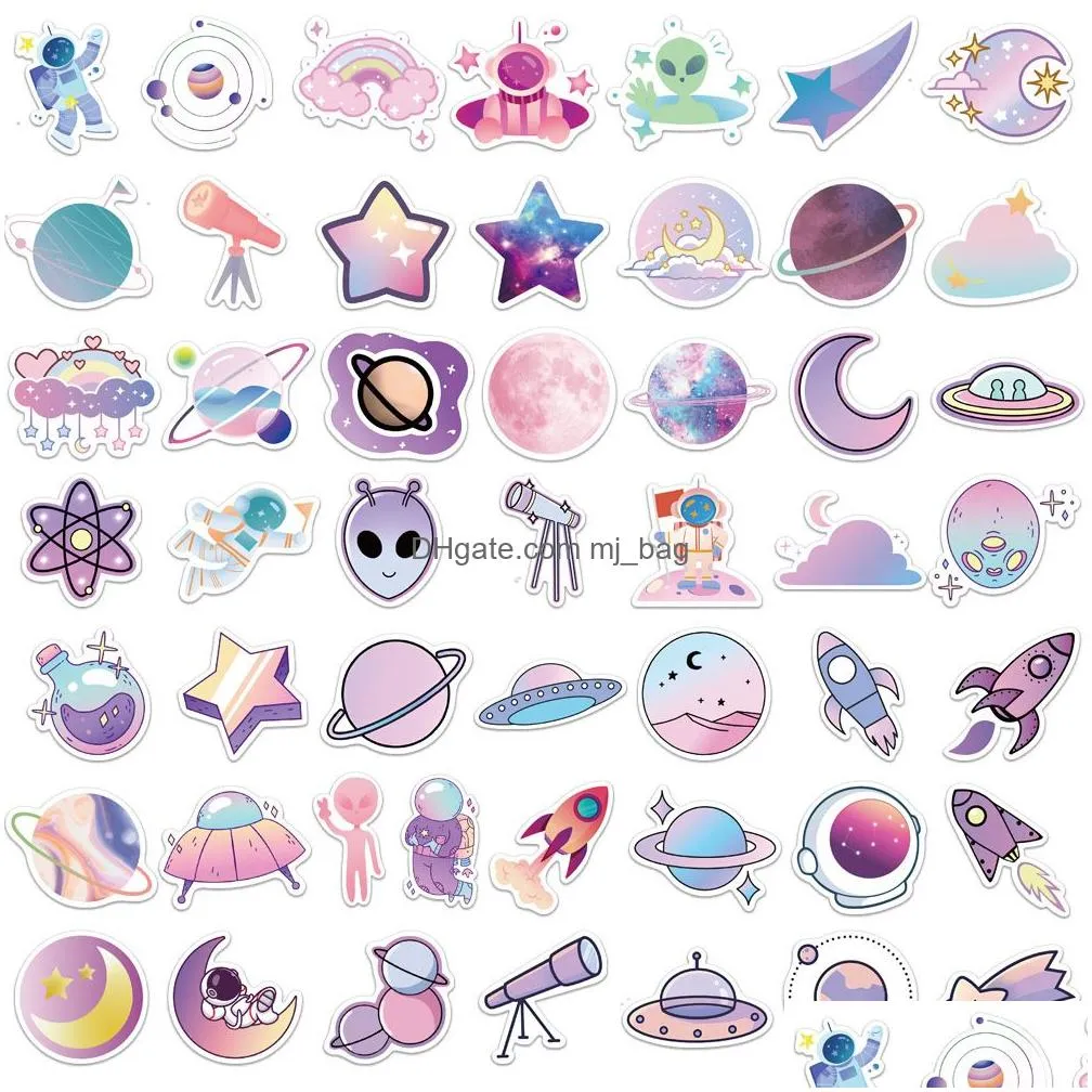 Other Decorative Stickers 50Pcs Cute Gradient Color Cartoon Planet Nasa Stickers Astronaut Alien Decals Suitcase Scrapbook Phone Lapto Dhohu