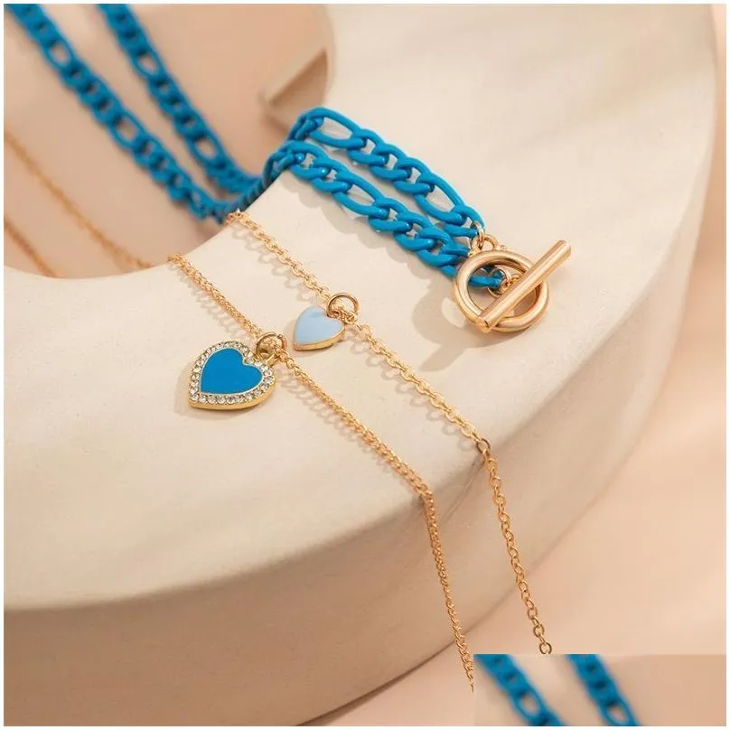 Pendant Necklaces Mti-Layer Blue Love Pendant Necklace Bracelet Gradual Change Designer Jewelry Bracelets Ring Womens Mens Couple Fash Dhqvl