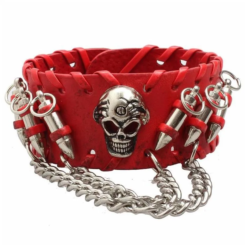 bangle fashion gothic punk skull metal leather bracelet men bracelets bangles male arm jewelry red and black 2022 accessor trum22