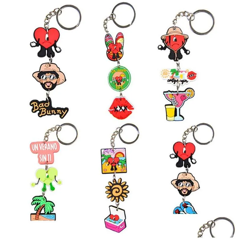Cute Keychains Bad Bunny Shoes Jibitz Soft Pvc Pendant Croc Charms Decoration Keyrings Rings Accessories Favors Gift Cartoon Animal Heart Bag