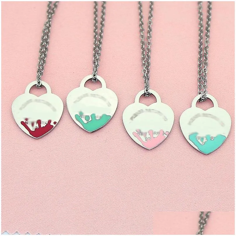 Pendant Necklaces Fashion Heart Necklace Man Womens Stainless Steel 19Mm Couple Pendant Blue Pink Green Red Jewelry Valentine Day Gift Dhwbc