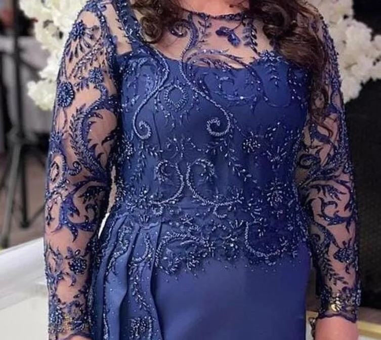 2024 Aso Ebi Arabic Navy Blue Straight Mother Of The Bride Dresses Satin Beaded Lace Evening Prom Formal Party Birthday Celebrity Mother Of Groom Gowns Dress ZJ045