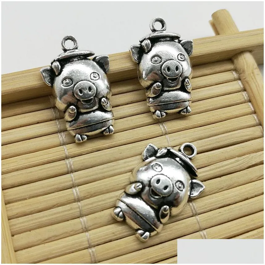 100pcs pig animals charms pendants retro jewelry accessories diy antique silver pendant for bracelet earrings keychain 23x15mm