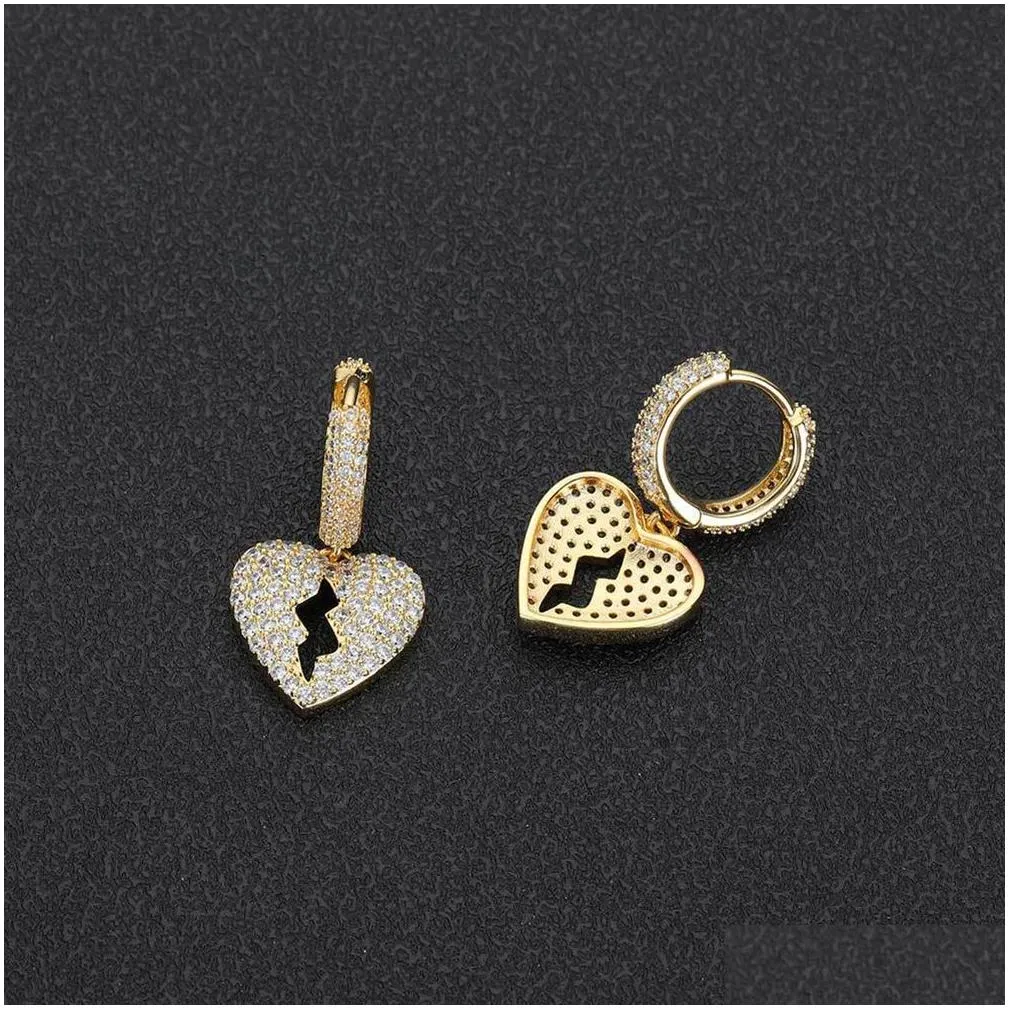 Dangle & Chandelier Hip Hop Heartbreak Dangle Earrings Bling White Zircon Hoop 18K Real Gold Plated Jewelry Drop Delivery Jewelry Earr Dh6Ve