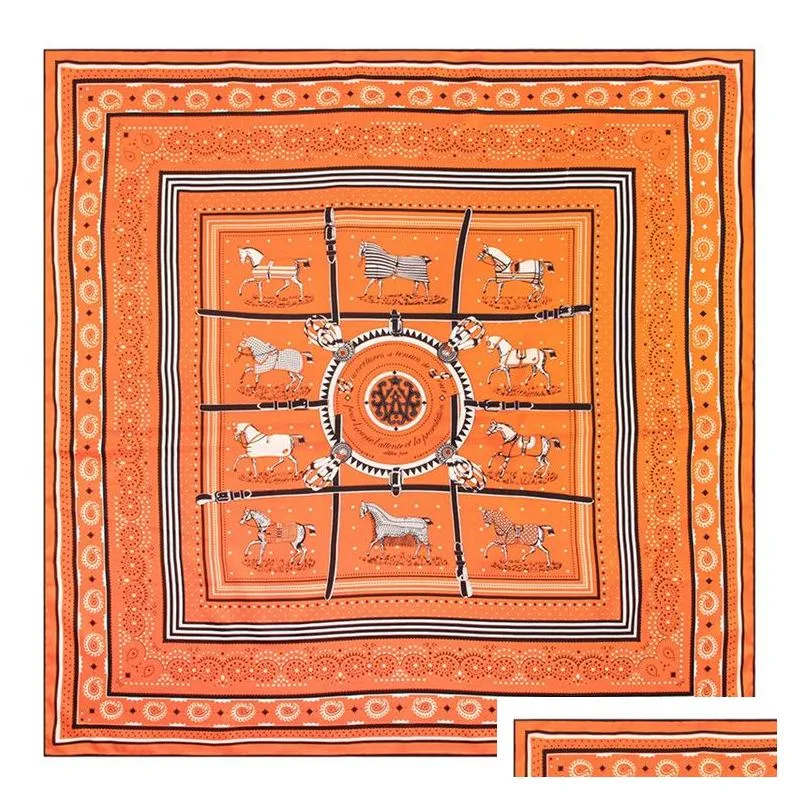 Scarves Manual Hand Rolled Twill Silk Scarf Women Ten War Horses Printing Square Scarves Echarpes Foards Femme Wrap Bandana Hijab 90Cm Dhnl3