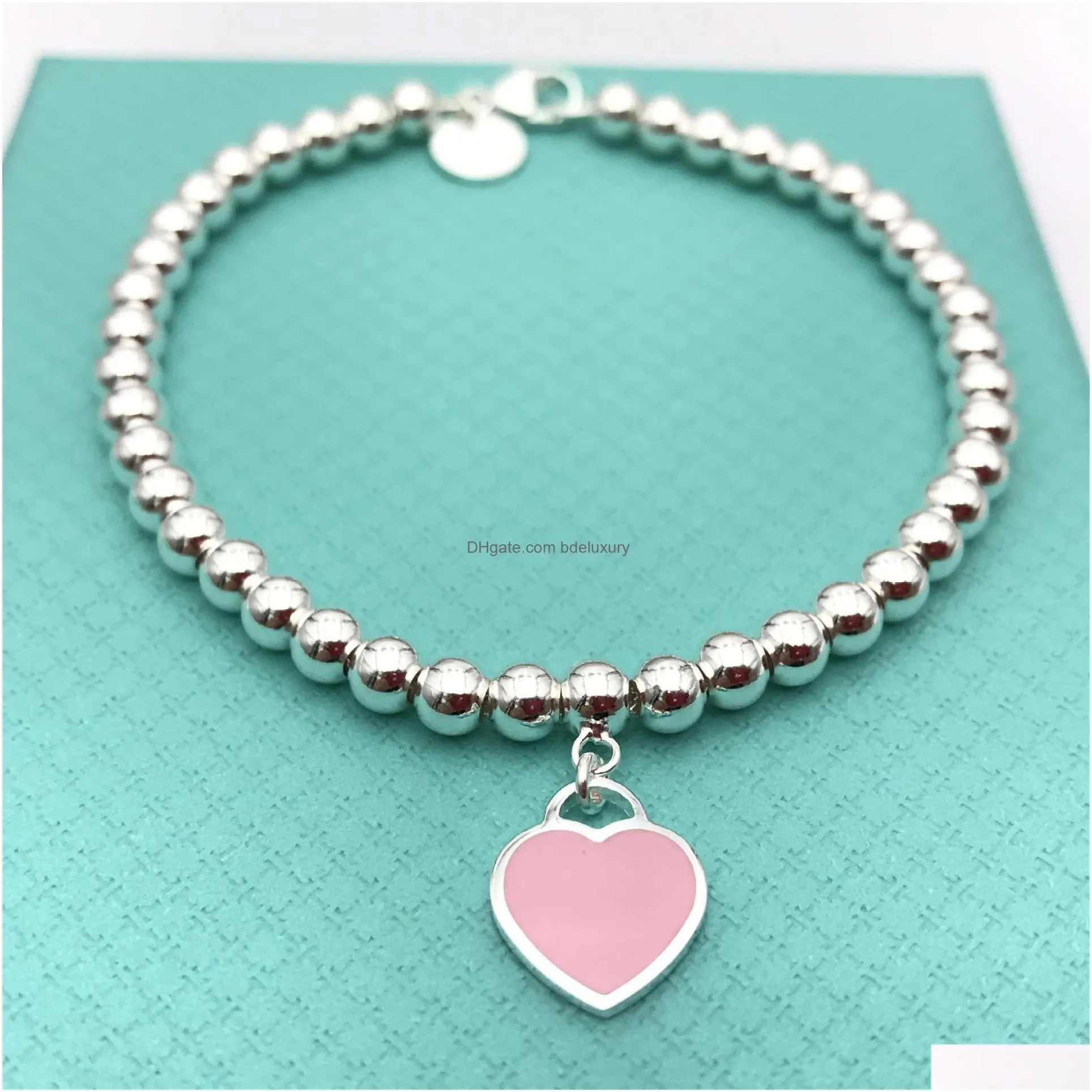 Beaded 100% S925 Sier Luxury Heart Beaded Tag Strands Bracelet Women Fine Jewelry Trendy Beads Chain Round Ball Bracelets For Girlfrie Dhgef