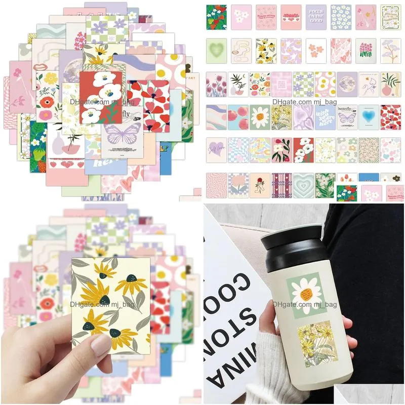 Other Decorative Stickers 52Pcs Ins Pink  Flower Poster Stickers Kawaii Girls Decals Diy Phone Stationery Scrapbook Bike Guitar S Dhxds