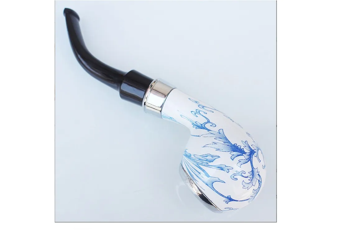 creative chinese style blue and white porcelain oval bakelite pipes classic curved dry pipes iron pot pipes