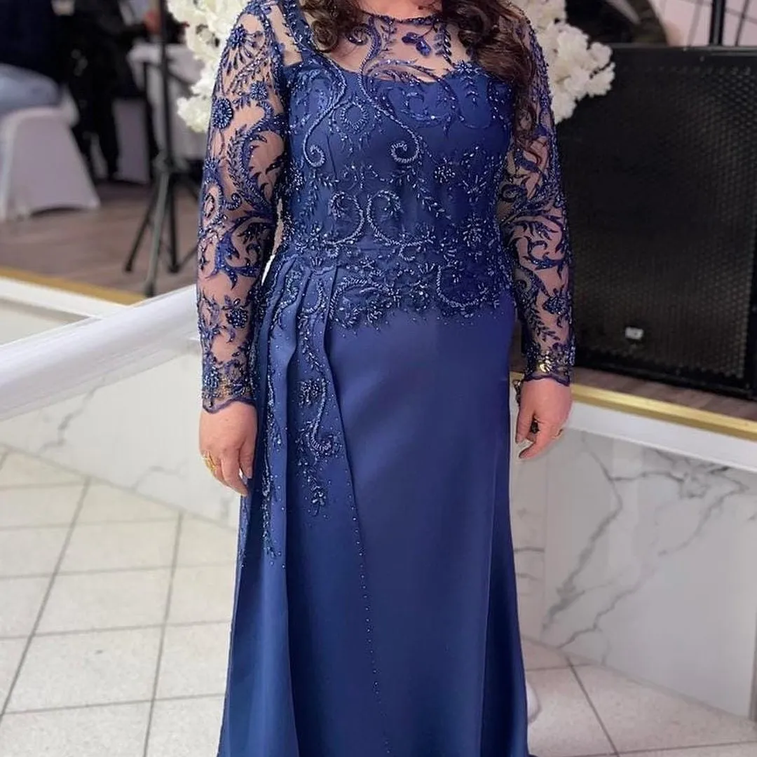 2024 Aso Ebi Arabic Navy Blue Straight Mother Of The Bride Dresses Satin Beaded Lace Evening Prom Formal Party Birthday Celebrity Mother Of Groom Gowns Dress ZJ045