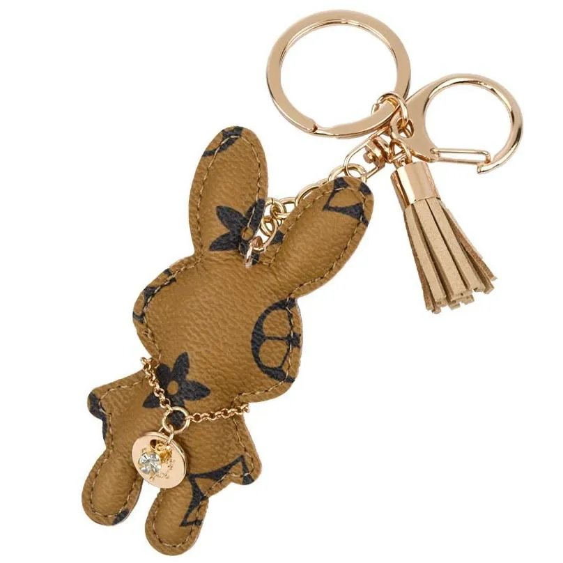 Rabbit Bunny Keychains Rings Women Cute Brown Flower Plaid PU Leather Car Keyrings Holder Fashion Design Bag Key Chains Jewelry Accessories Animal Pendants