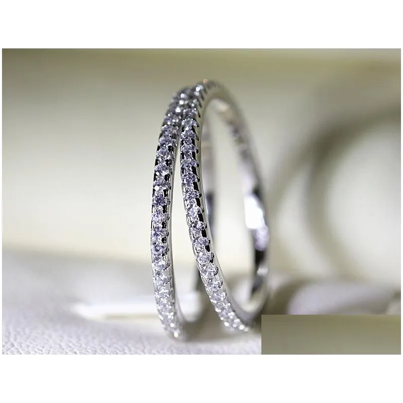 Wedding Rings Fashion Real Solid 100% 925 Sterling Sier Diamond Ring Solitaire Simple Round Thin Band Rings Finger For Women Element J Dhswz