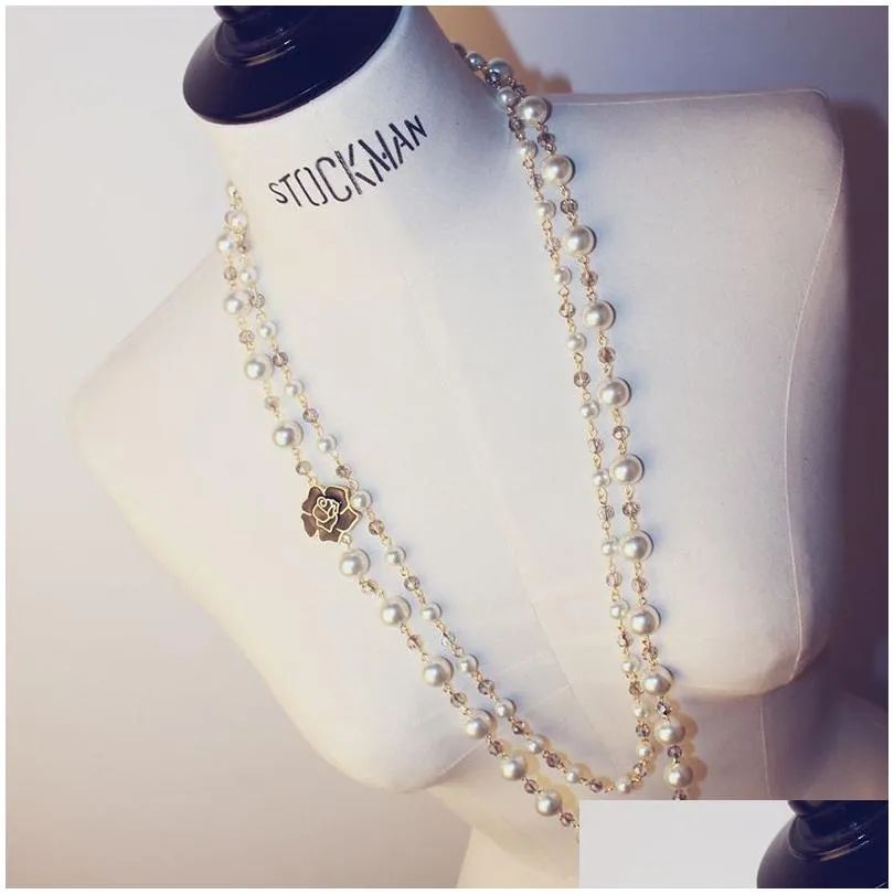 Jewelry Women Designer Full Pearl Necklace with Flower Double Sweater Chains Elegant Long Necklaces for Girl Gift