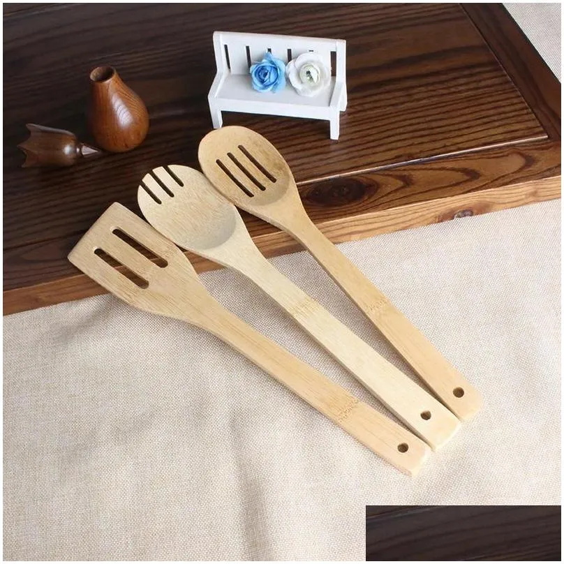 Cooking Utensils Bamboo Spoon Spata 6 Styles Portable Wooden Utensil Kitchen Cooking Turners Slotted Mixing Holder Shovels Fy7604 Drop Dh2Oe