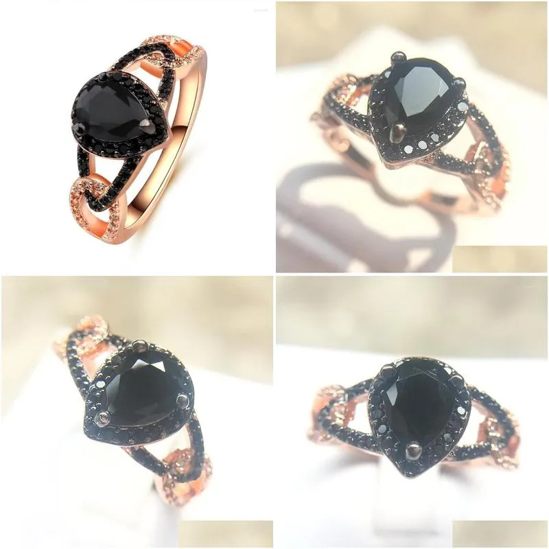 Cluster Rings Elegant Female Teardrop for Women Black Cubic Zirconia CZ Stone Rose Gold Color Finger Wedding Fashion Jewelry