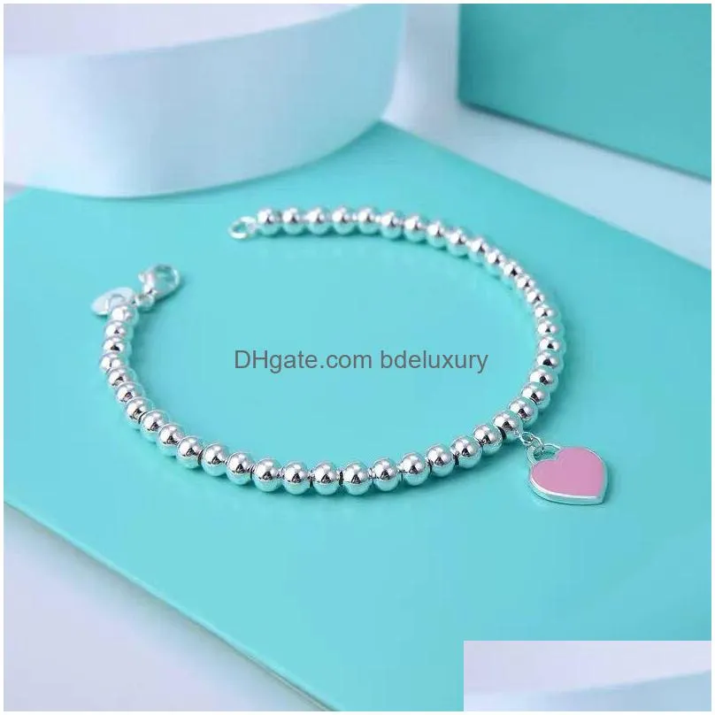 Beaded 100% S925 Sier Luxury Heart Beaded Tag Strands Bracelet Women Fine Jewelry Trendy Beads Chain Round Ball Bracelets For Girlfrie Dhgef