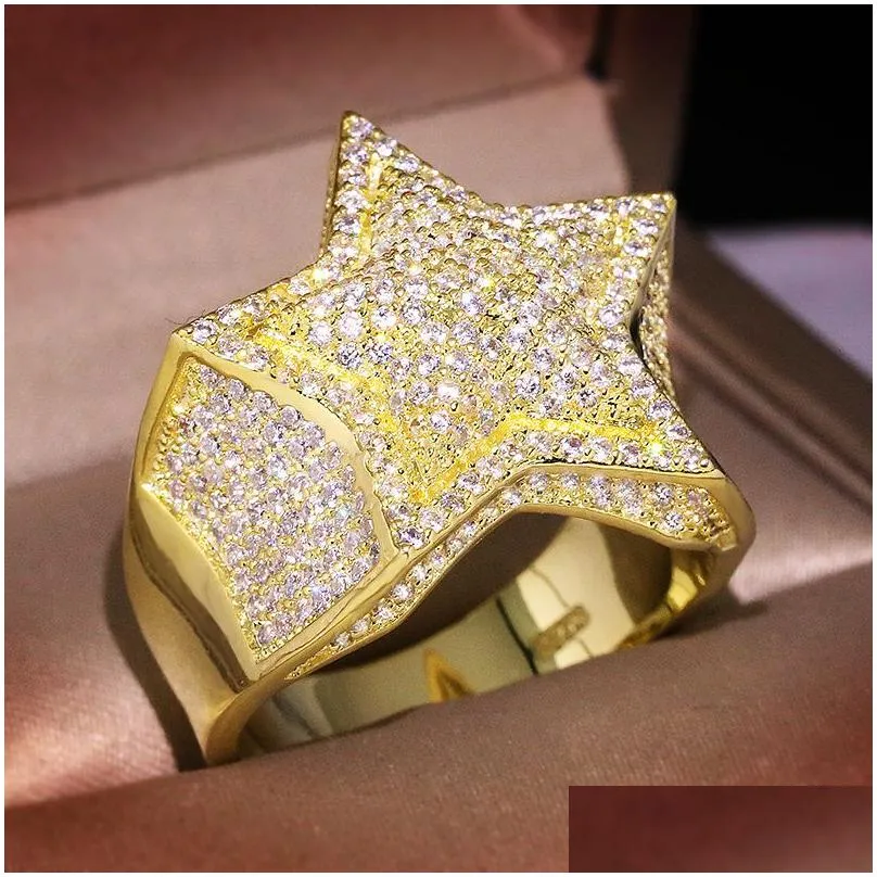 Mens Gold Ring Stones High Quality Five-pointed Star Fashion Hip Hop Sier Rings Jewelry