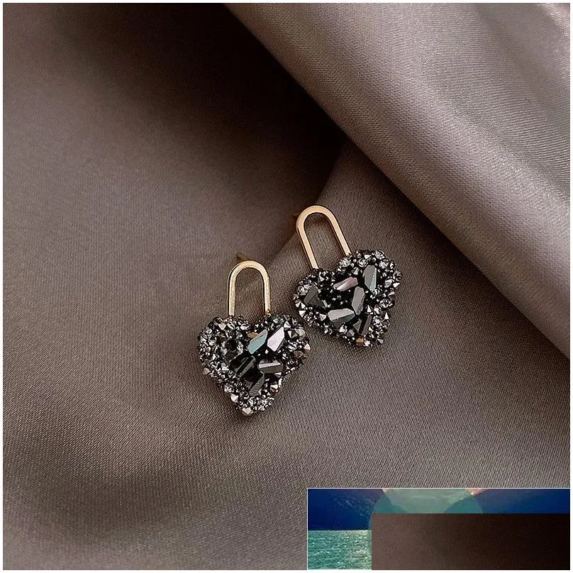 Stud New Arrival Trendy Black Crystal Love Heart Stud Earrings For Women Sweet Delicate Jewelry Fashion Party Oorbellen Factory Price Dhcjh