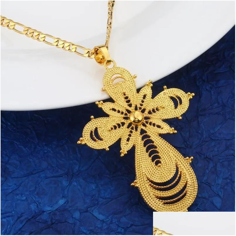 Pendant Necklaces Pendant Necklaces Ethiopian Trendy Cross For Women Eritrea Africa Gold Color Crosses Chain Jewelrypendant Drop Deliv Dhwke