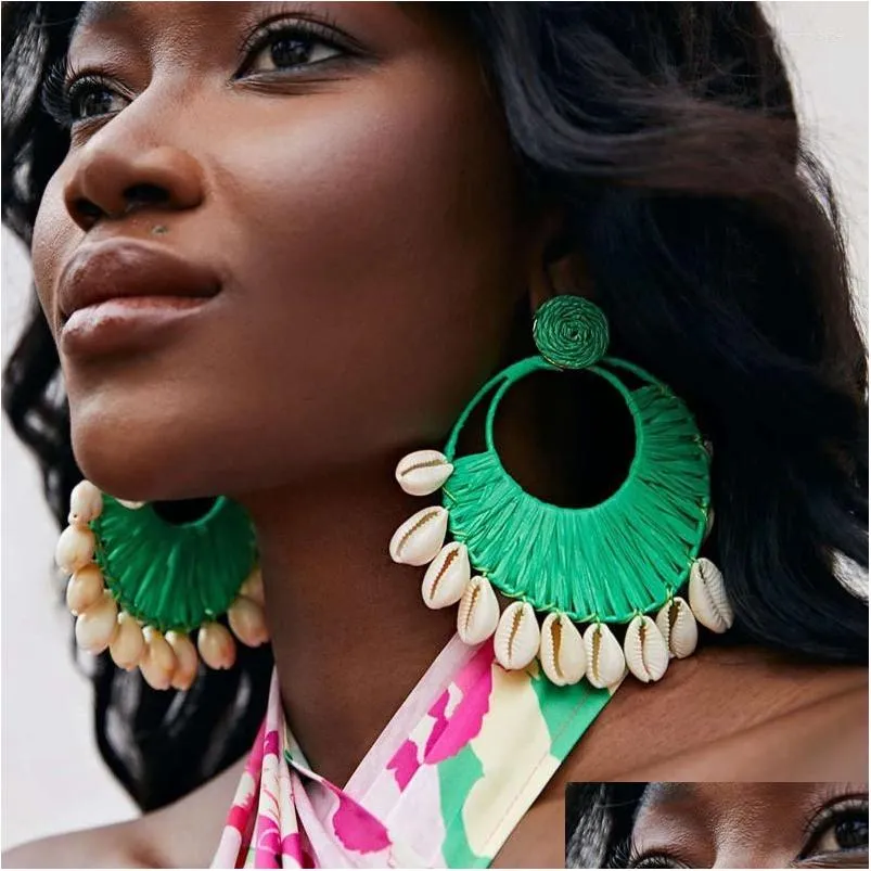 dangle earrings bohemian fully hand-woven raffia shell fashion exaggerated large green geometric dangling for women jewelry