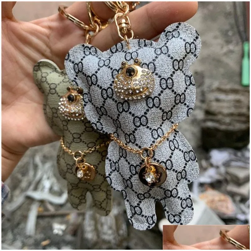 Cute Animal Keychains PU Leather Brand Design Bear Charm Key Chains for Cars Crystal Rhinestone Pendant Key Rings Holder Bag Jewelry