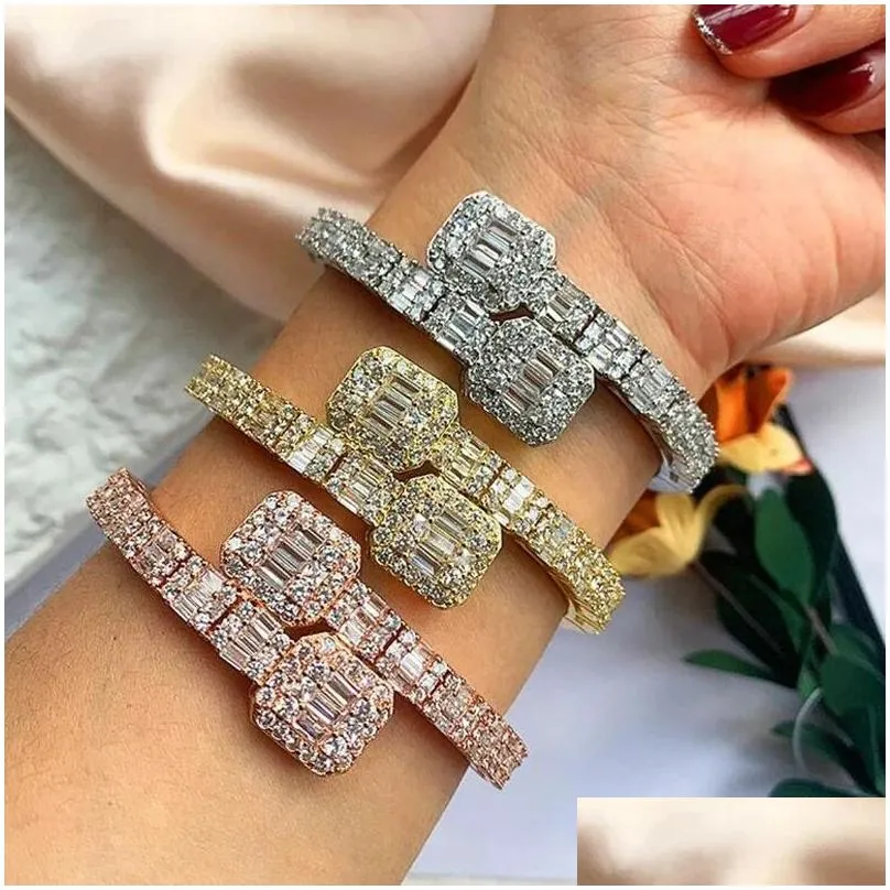 Charm Bracelets Delicate Baguette Cz Heart Shape Adjustable Cuff Bangle Bracelet Iced Out Bling 5A Cubic Zirconia Luxury Women Hiphop Dhu5R