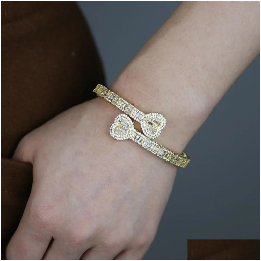 Charm Bracelets Delicate Baguette Cz Heart Shape Adjustable Cuff Bangle Bracelet Iced Out Bling 5A Cubic Zirconia Luxury Women Hiphop Dhu5R