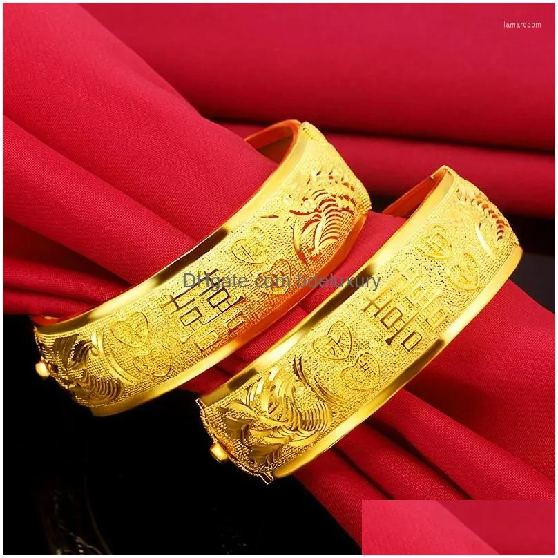 Bangle Bangle 18K Gold Plated Ladies Bracelet Wide Retro Style Dragon And Phoenix For Girlfriend Birthday Wedding Jewelry Gift Drop De Dhzv7
