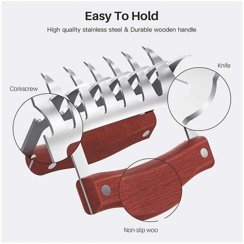 Bbq Tools & Accessories Wooden Bear Claws Stainless Steel Bbq Meat Shredder With Handle Bottle Opener Turkey Chicken Drop Delivery Hom Dhbkt