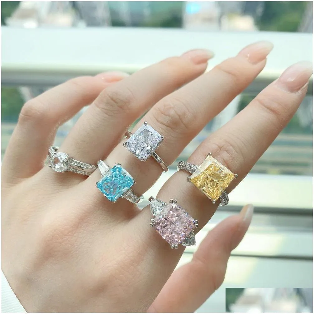 Wedding Rings Luxurious Designer Jewelry Zirconia Real 925 Sterling Sier Ring For Woman Heart Sqaure Circle White Pink Blue Love Diamo Dhpsw