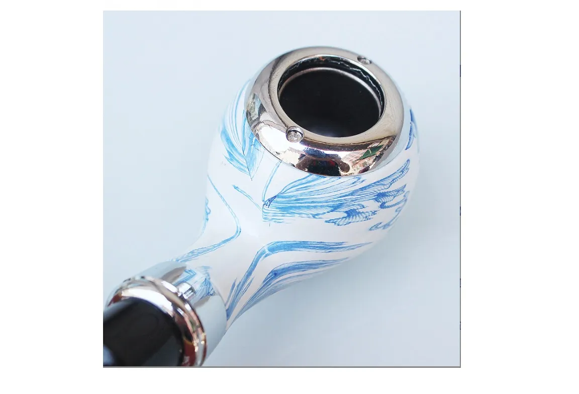 creative chinese style blue and white porcelain oval bakelite pipes classic curved dry pipes iron pot pipes