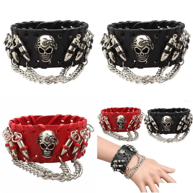 bangle fashion gothic punk skull metal leather bracelet men bracelets bangles male arm jewelry red and black 2022 accessor trum22