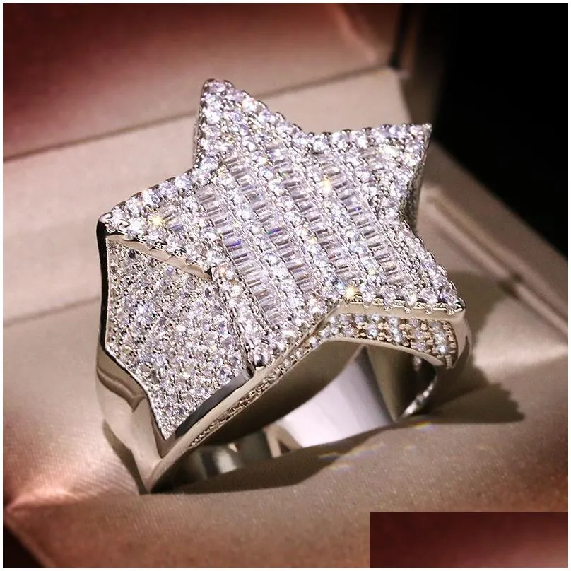 Mens Gold Ring Stones High Quality Five-pointed Star Fashion Hip Hop Sier Rings Jewelry