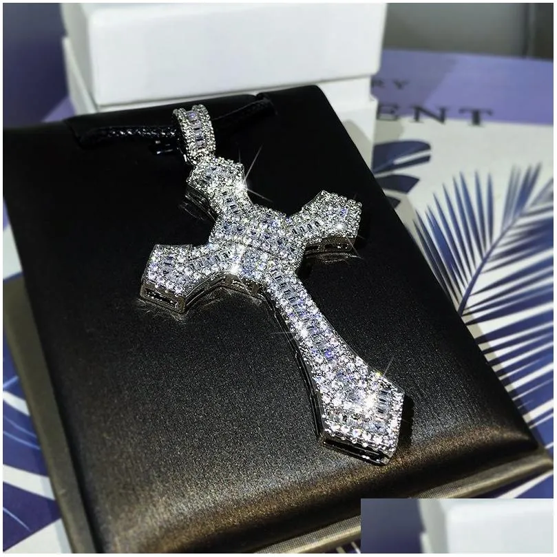 Bling Diamond Stone Cross Pendants Necklace Platinum Plated Men Women Lover Gift Religious Jewelry