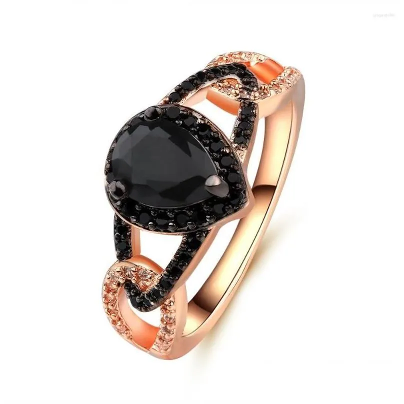 Cluster Rings Elegant Female Teardrop for Women Black Cubic Zirconia CZ Stone Rose Gold Color Finger Wedding Fashion Jewelry