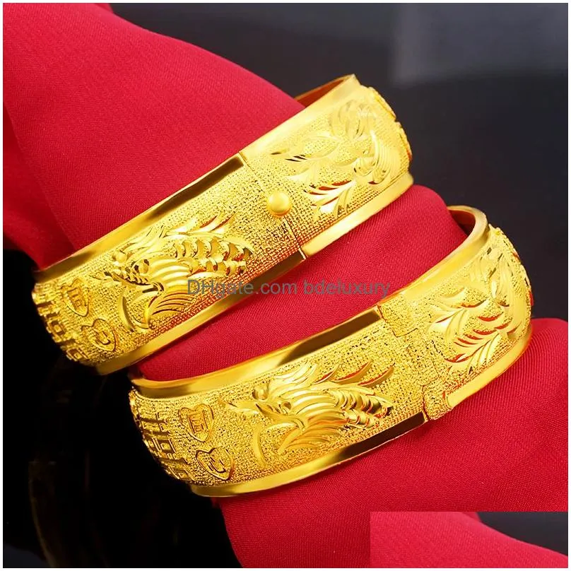 Bangle Bangle 18K Gold Plated Ladies Bracelet Wide Retro Style Dragon And Phoenix For Girlfriend Birthday Wedding Jewelry Gift Drop De Dhzv7