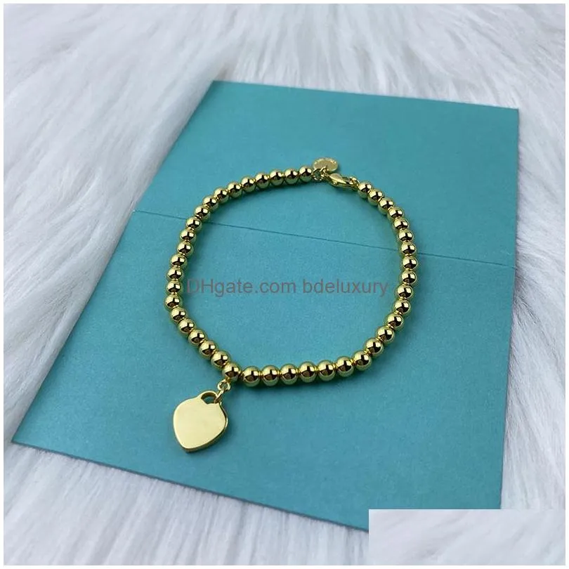 Beaded 100% 925 Sterling Sier Beaded Strands Bracelet Original 18K Gold Plated Enamel Blue Heart Pendant Round Ball Chain Charm Jewelr Dhqzf