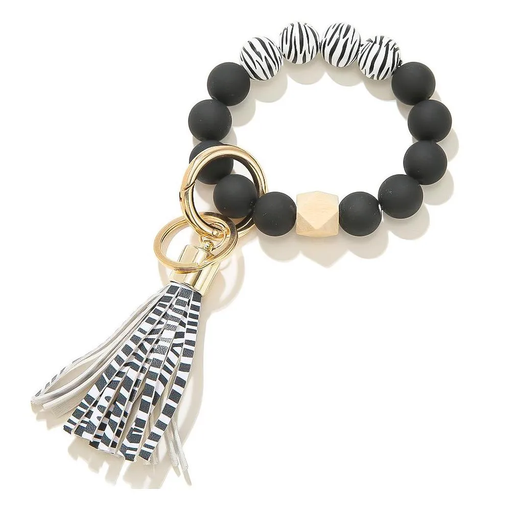 Keychains & Lanyards Black Frosted Wooden Bead Bracelet Keychain Fashion Pattern Tassel Pendant Bracelets Women Girl Key Ring Drop Del Dh0Rn