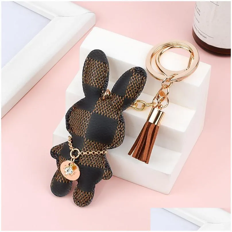 Rabbit Bunny Keychains Rings Women Cute Brown Flower Plaid PU Leather Car Keyrings Holder Fashion Design Bag Key Chains Jewelry Accessories Animal Pendants