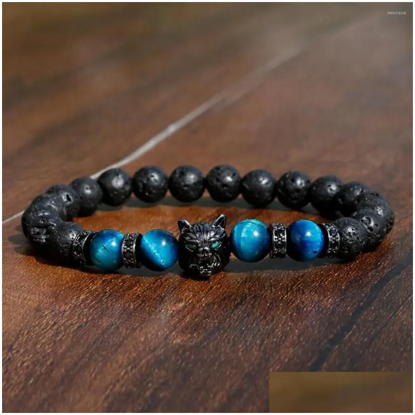 Beaded Strand Gothic Wolf Leopard Charm Bracelet For Men Natural Lava Volcano Stone Blue Black Beads Bracelets Handmade 8Mm Beaded Jew Dhlim