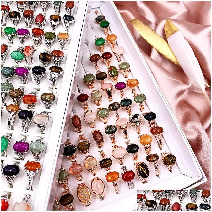 Band Rings Retro 30Pcs/Lot Natural Gem Stone Band Rings Newest Beautif Bohemia Style Mixed Golden Siery Lovers Charm Jewelry Fashion W Dhrsu