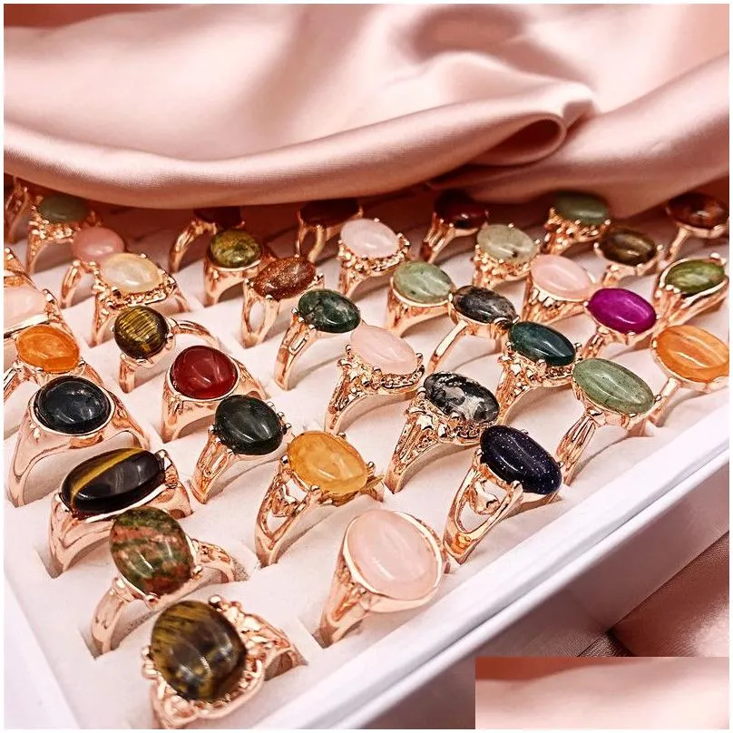 Band Rings Retro 30Pcs/Lot Natural Gem Stone Band Rings Newest Beautif Bohemia Style Mixed Golden Siery Lovers Charm Jewelry Fashion W Dhrsu