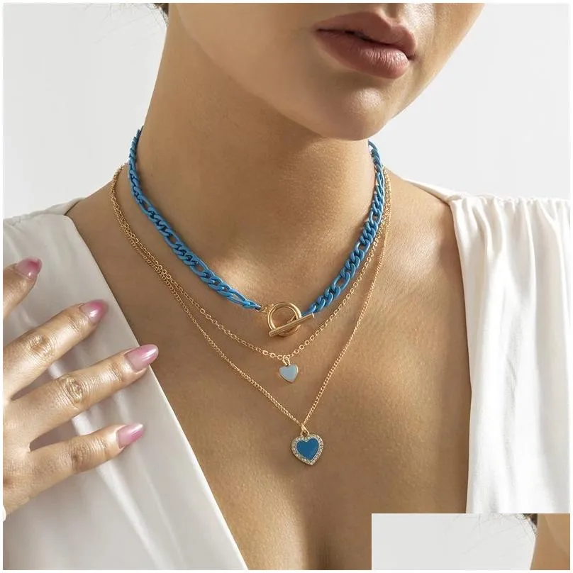 Pendant Necklaces Mti-Layer Blue Love Pendant Necklace Bracelet Gradual Change Designer Jewelry Bracelets Ring Womens Mens Couple Fash Dhqvl